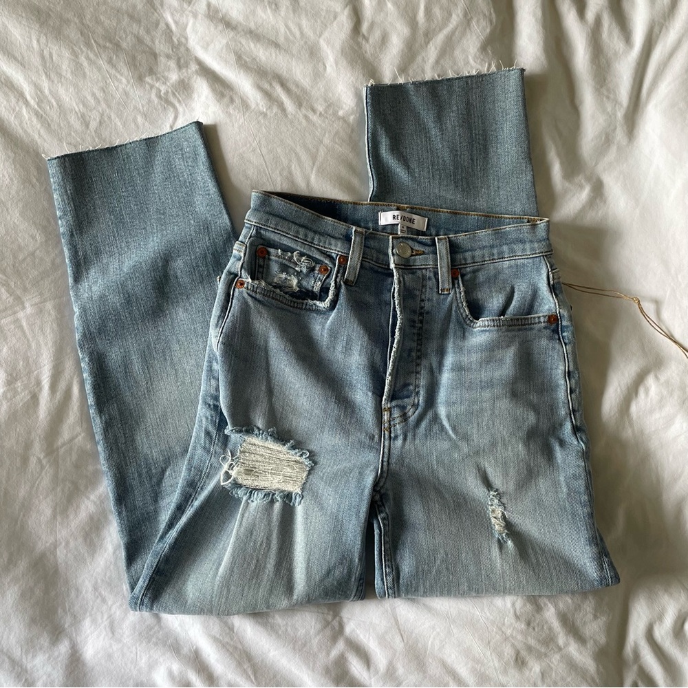 Re/done 70s stove pipe light wash distressed high rise jeans
